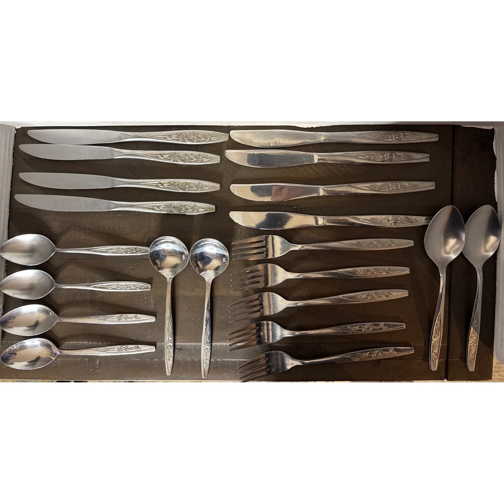 VTG  Set Of  21 Rose & Leaves Pattern Stainless Flatware Korea FW64